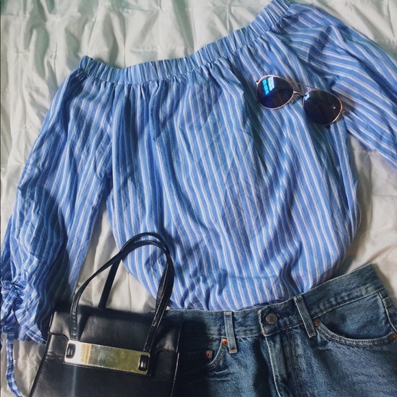 Tops - Off The Shoulder Light Blue and White Striped Top